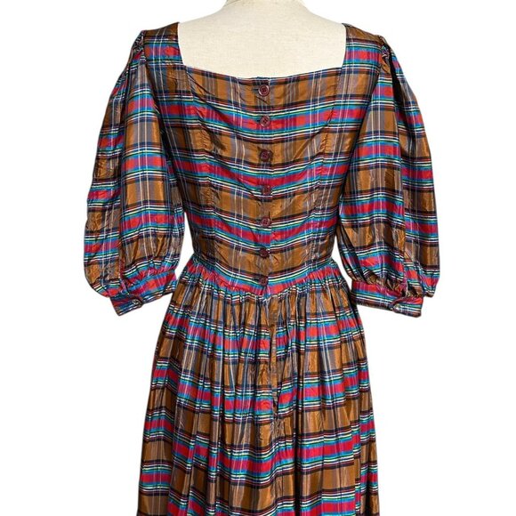70s vintage plaid puff sleeve dress cottage victorian sweetheart Maxi acetate. - Picture 3 of 9